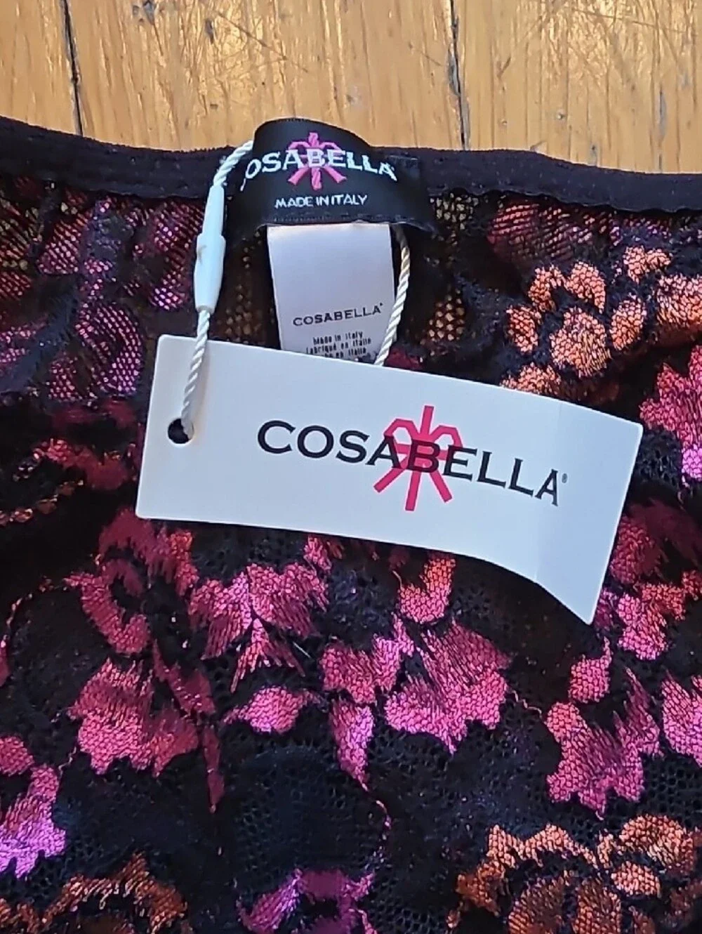 Cosabella Black Lace Bralette & Brief Set with Pink Floral Embroidery